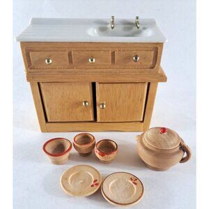 Vtg Dollhouse Furniture Kitchen Sink Cupboard Wood White W Dishes Pot 1:12